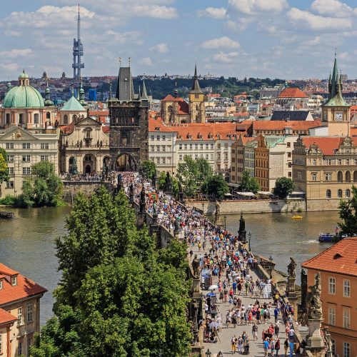 The statues of Charles Bridge over the Vltava river in Prague