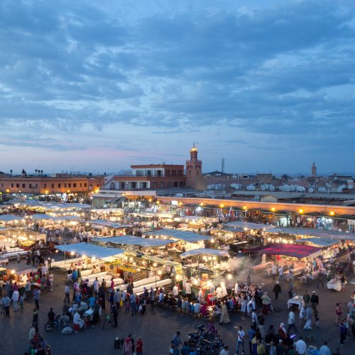 Evening food stalls and crowds in Jemaa el-Fnaa square, Marrakesh