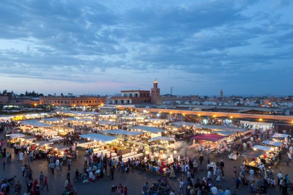 Evening food stalls and crowds in Jemaa el-Fnaa square, Marrakesh
