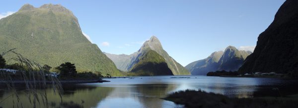 Mitre Peak rising above the water of Milford Sound, New Zealand