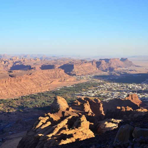 Sandstone rock formations and desert landscape at AlUla, Saudi Arabia