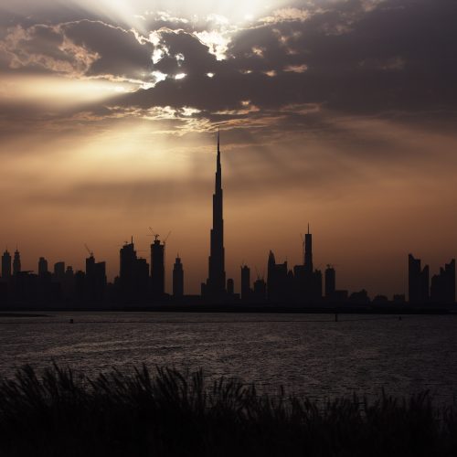 The Burj Khalifa rising above the Dubai skyline at night